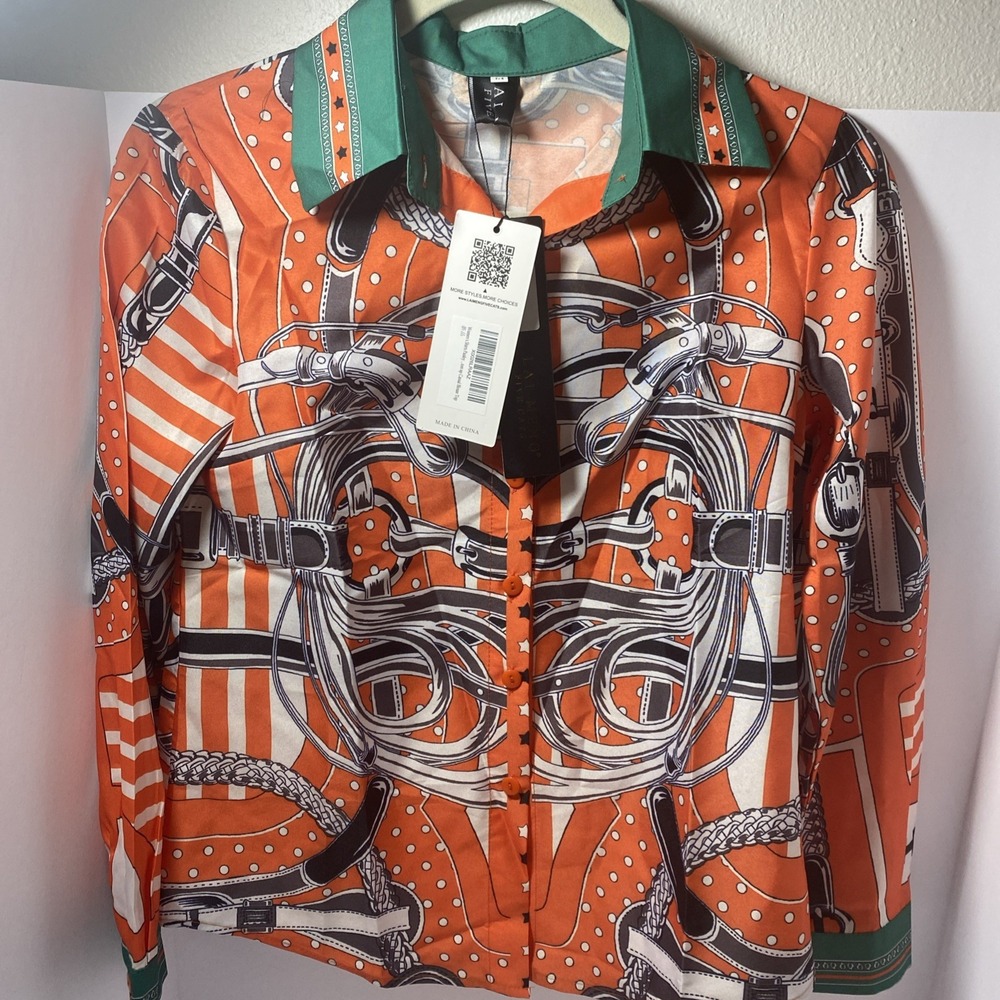 Lai Meng Five‎ Cat Equestrian Woman's Button Up Blouse Med E1